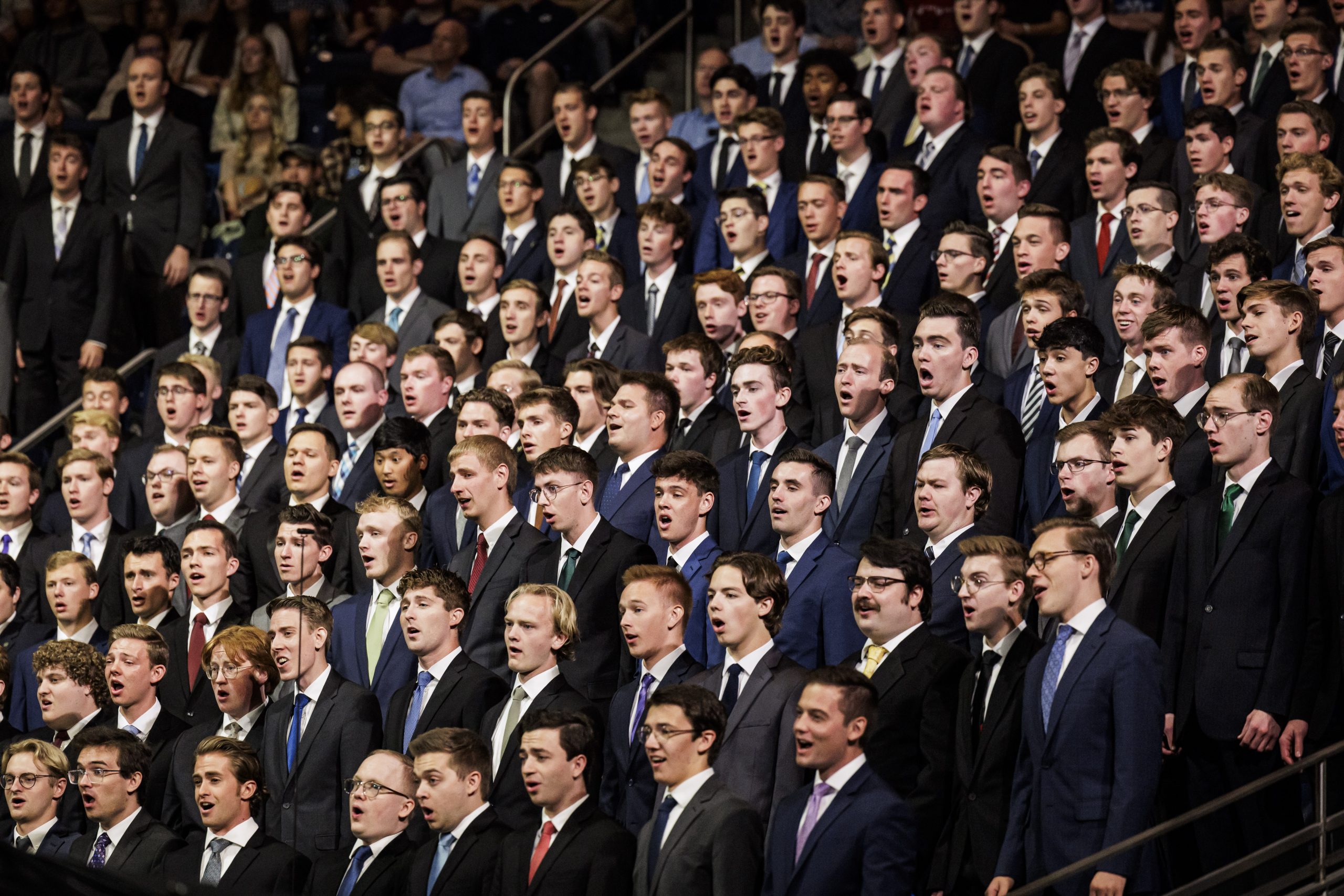 Photo if BYU Men's Chorus performing at the formal induction of President C. Shane Reese as the 14th president of Brigham Young University.