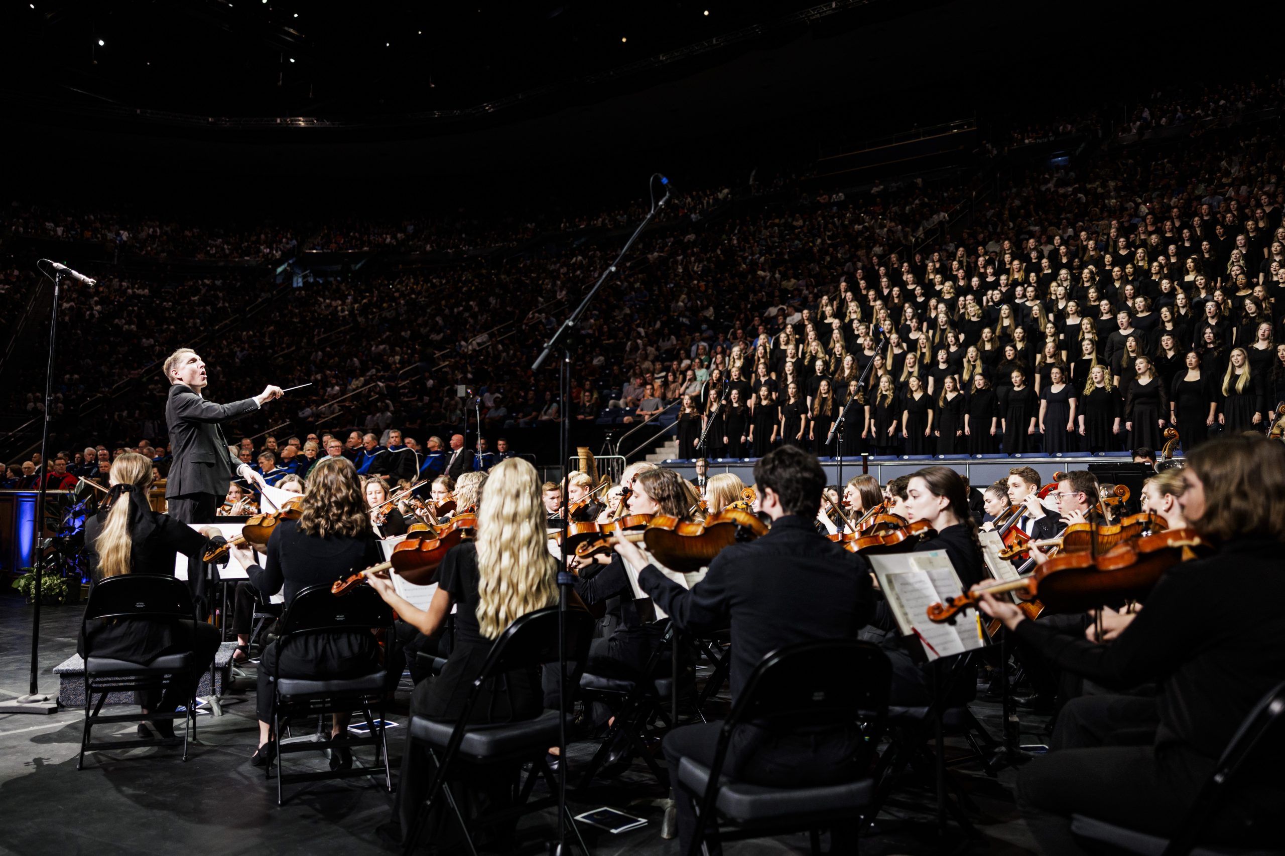 Photo if BYU Men's Chorus performing at the formal induction of President C. Shane Reese as the 14th president of Brigham Young University.