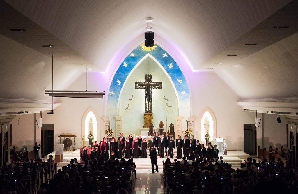 BYU Singers in collaboration with the Seraphim Children’s Choir, the Hallelujah Choir, and the Gamaliel Sonora Choir at St. Francis Xaverius Church, a beautiful cathedral in Indonesia, on their international tour